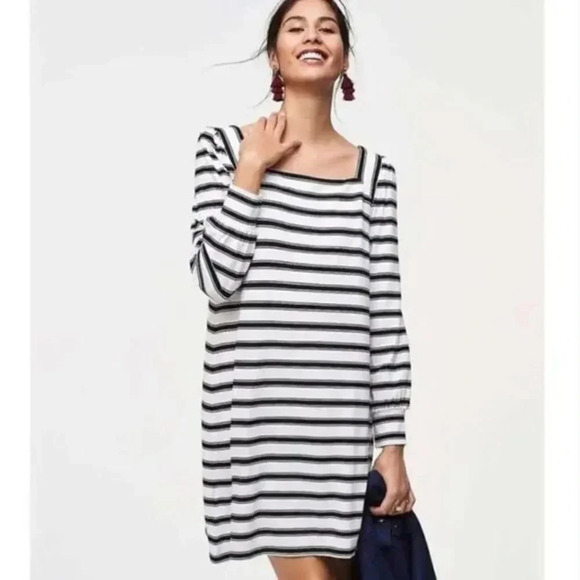 Loft Black and White Striped Square Neck Dress - Picture 1 of 13